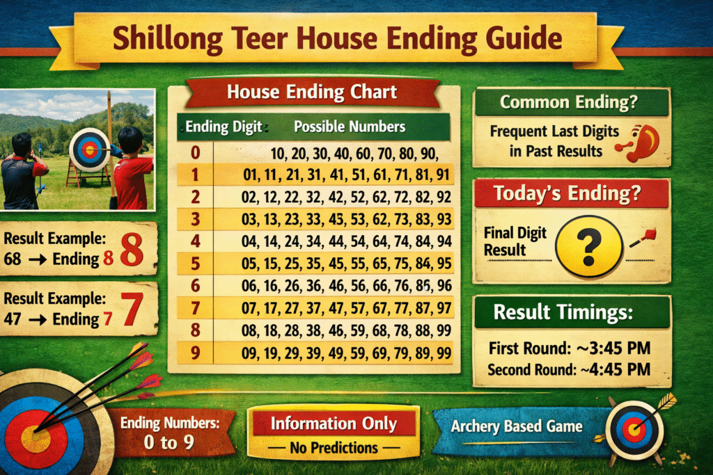 Shillong Teer House Ending chart showing ending numbers 0 to 9 with possible number combinations and result explanation
