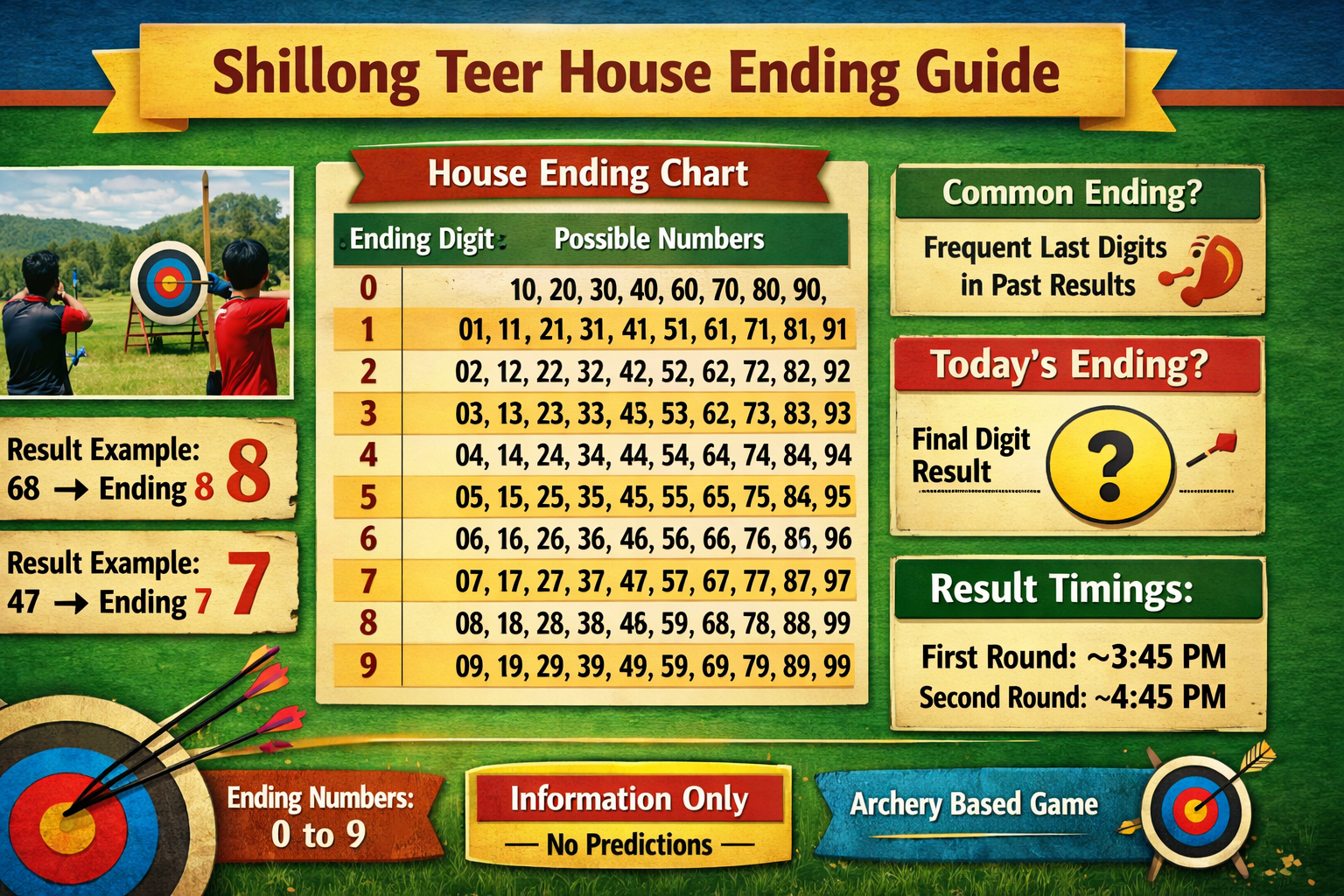 Shillong Teer House Ending chart showing ending numbers 0 to 9 with possible number combinations and result explanation