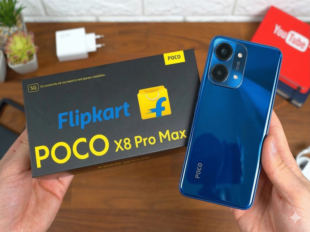 POCO X8 Pro Max 5G smartphone showing AMOLED display design with high refresh rate and modern camera module